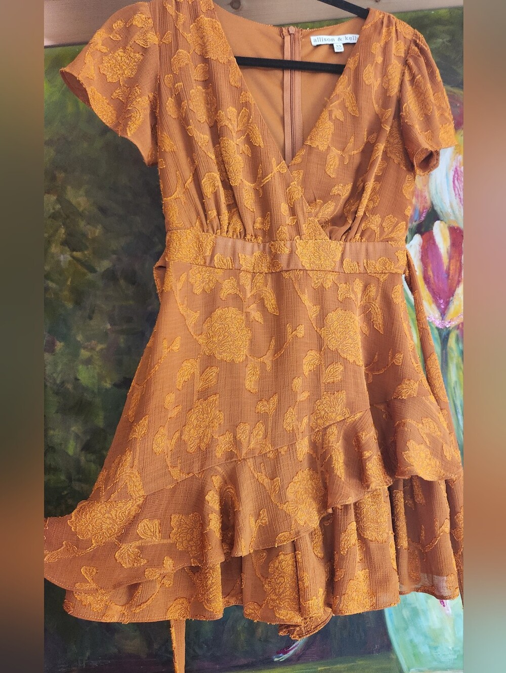 ALLISON & KELLY Copper MUSTARD Rust Floral Wrap Romper Mini SS TIE Zip Dress XSP